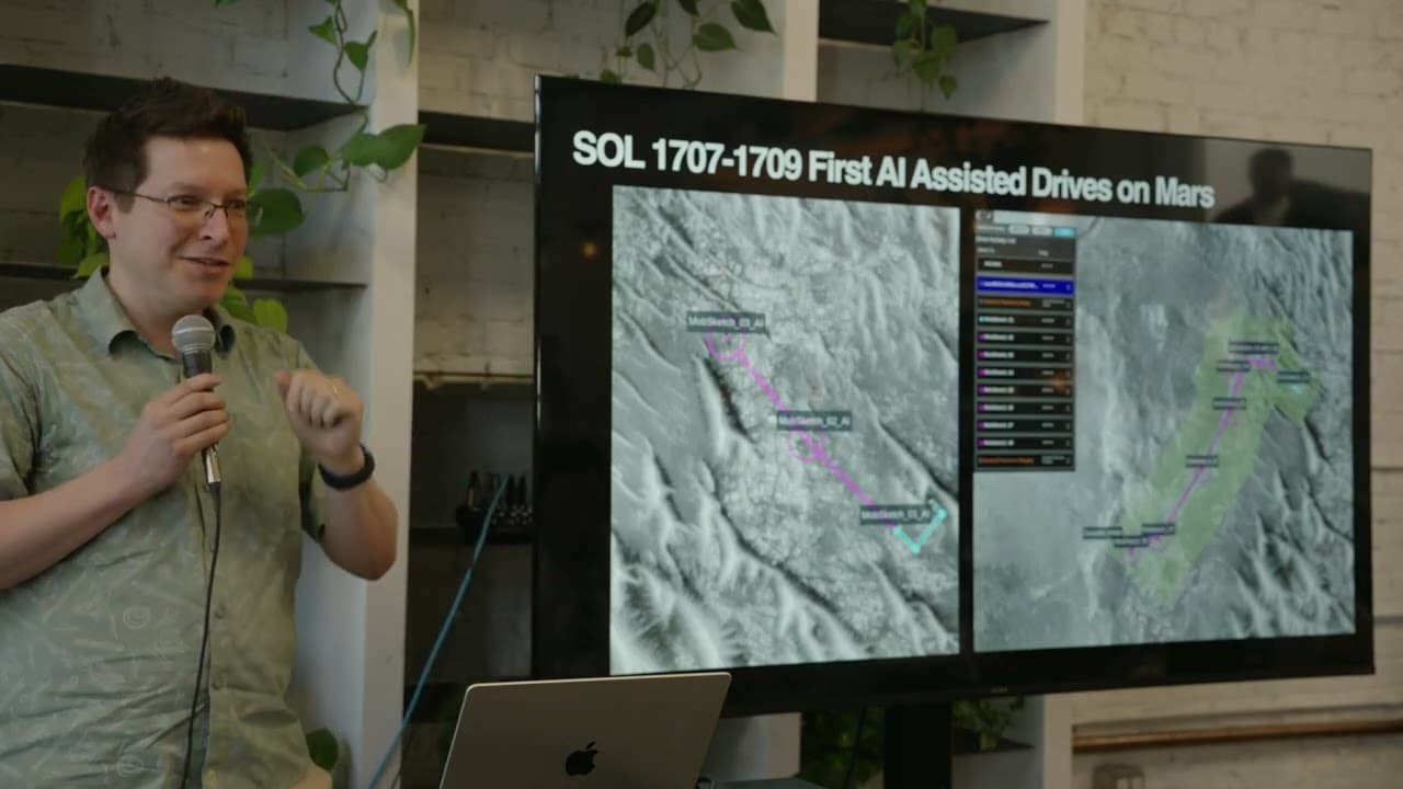A JPL speaker presenting the first AI-assisted rover drives on Mars