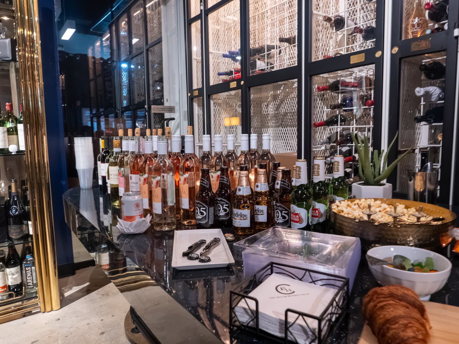 The wine bar and snack spread at The Cellar of Beverly Hills