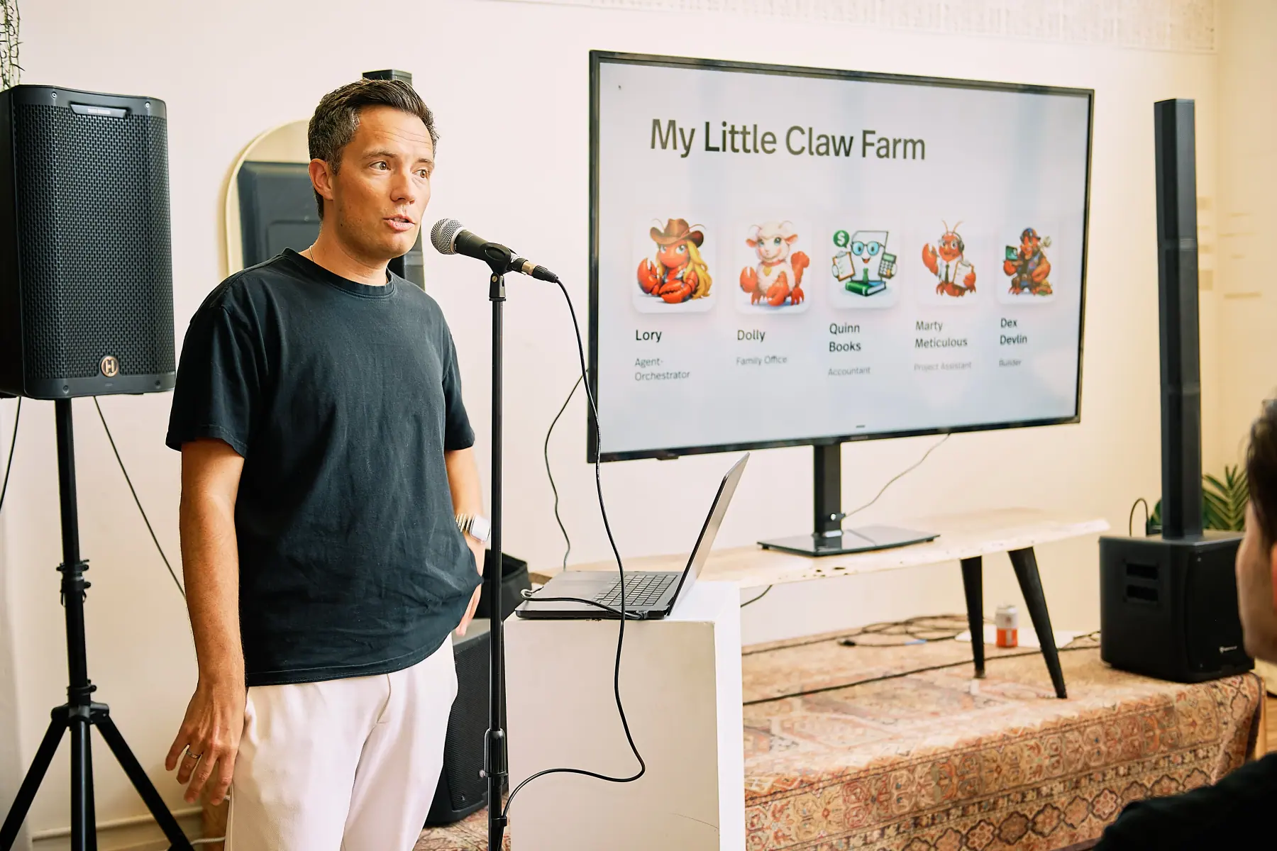 Chris presenting My Little Claw Farm at the OpenClaw LA Meetup #2