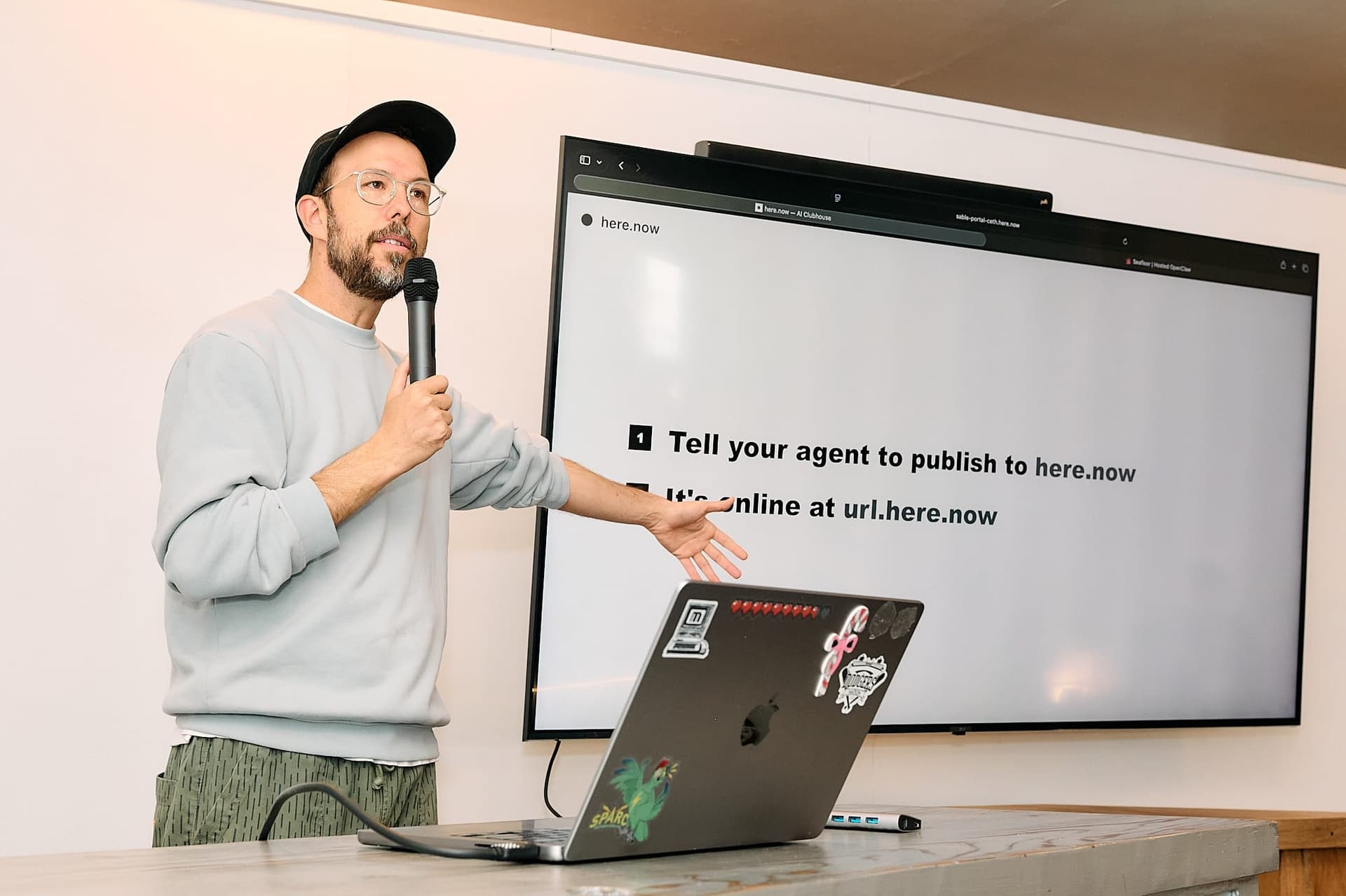 Adam demoing here.now at the OpenClaw LA Meetup #3