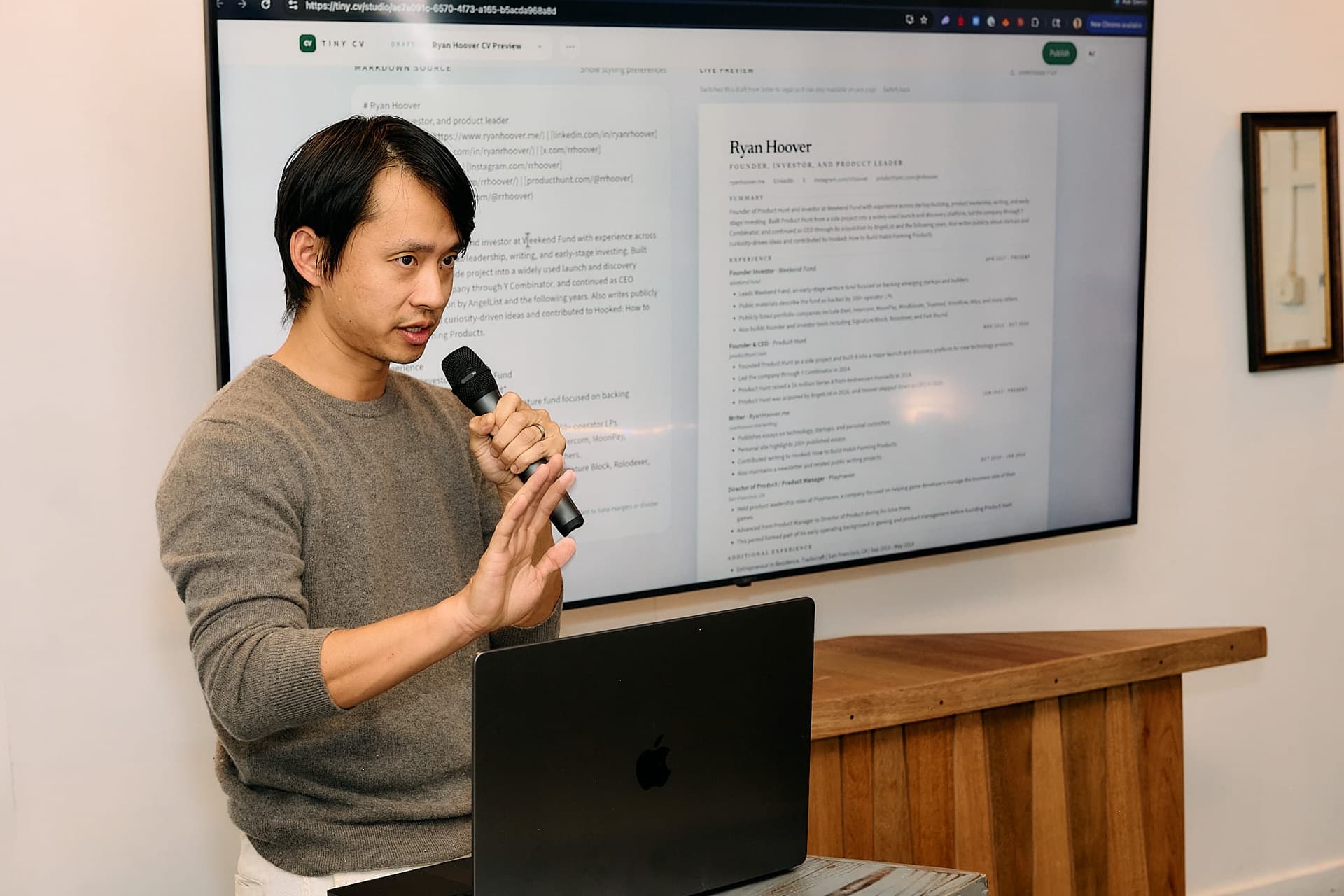 Andrew demoing Tiny CV with Ryan Hoover's resume on screen
