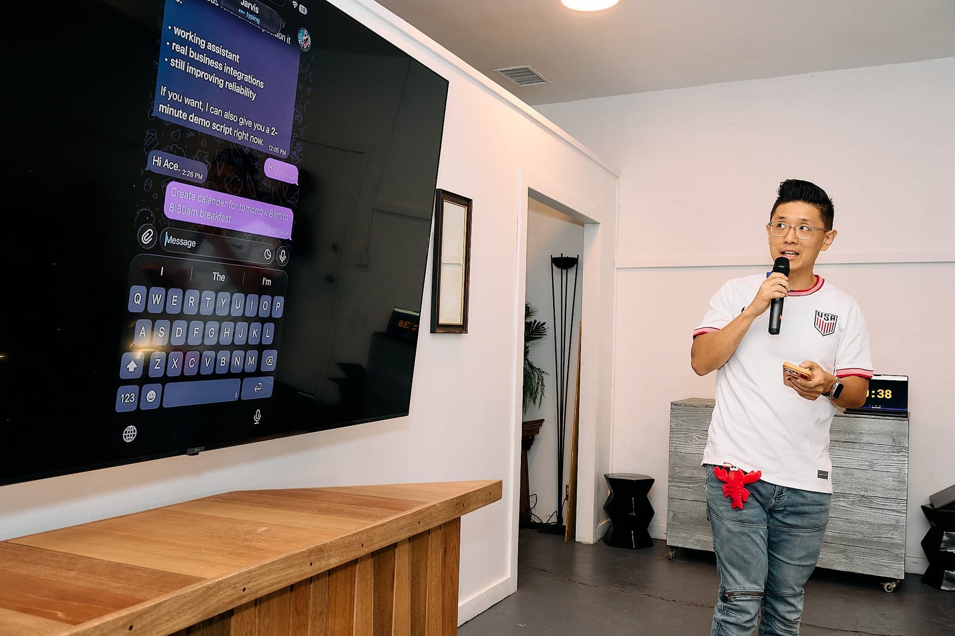 Andy demoing Jarvis from his phone at the OpenClaw LA Meetup #3