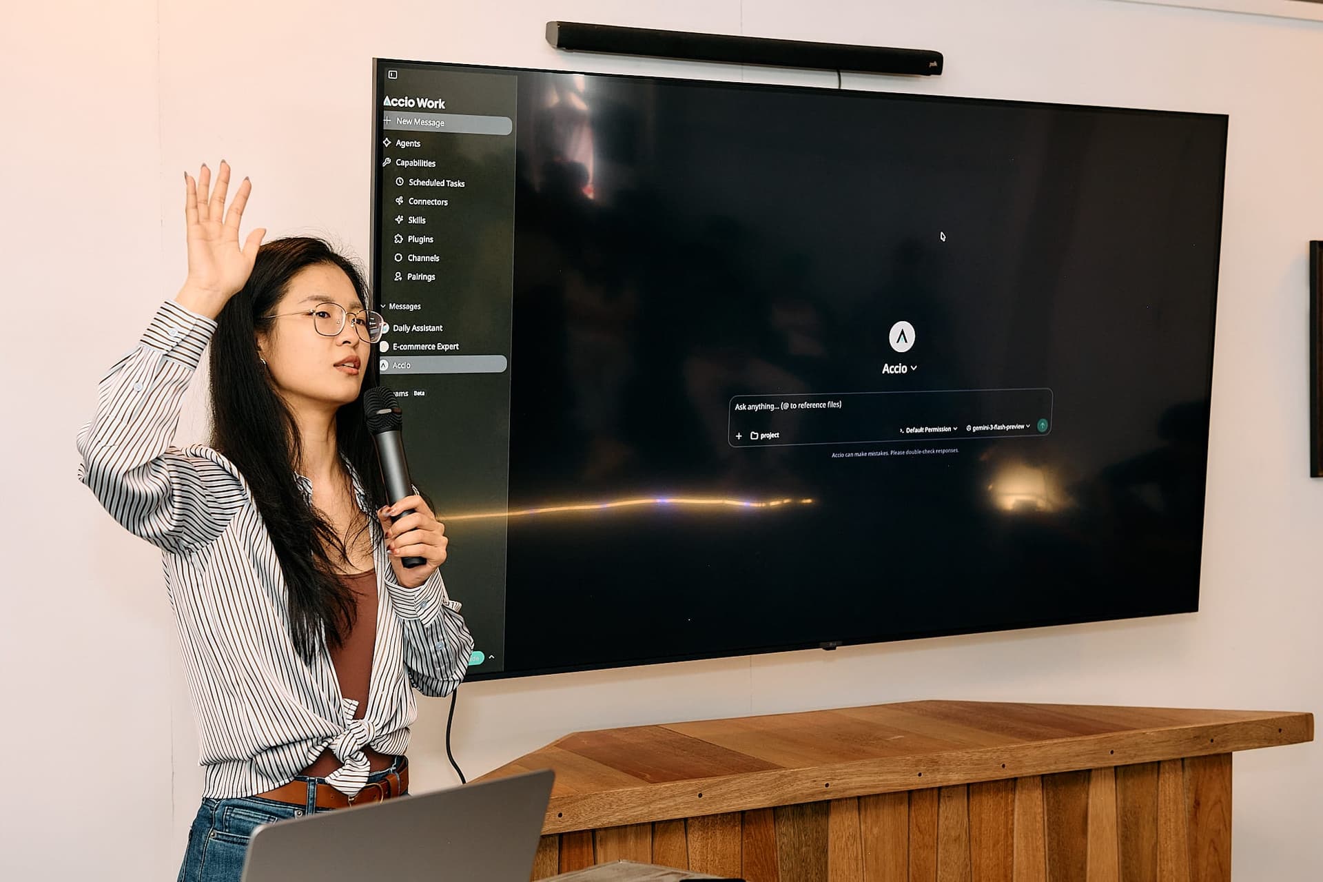 Ziwei demoing Accio Work at the OpenClaw LA Meetup #3